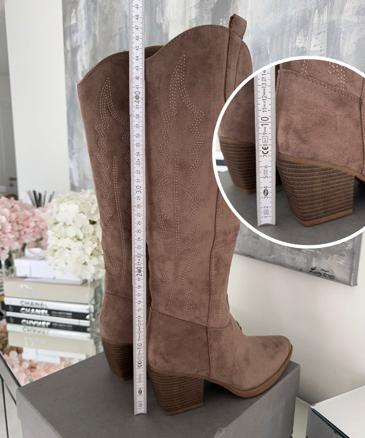Selenay | Stivali cowboy alti effetto scamosciato tortora