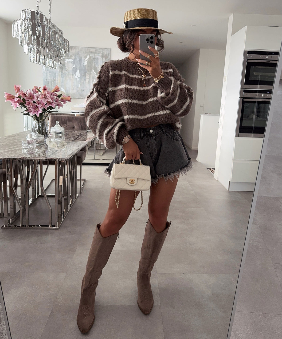 Selenay | Stivali cowboy alti effetto scamosciato tortora