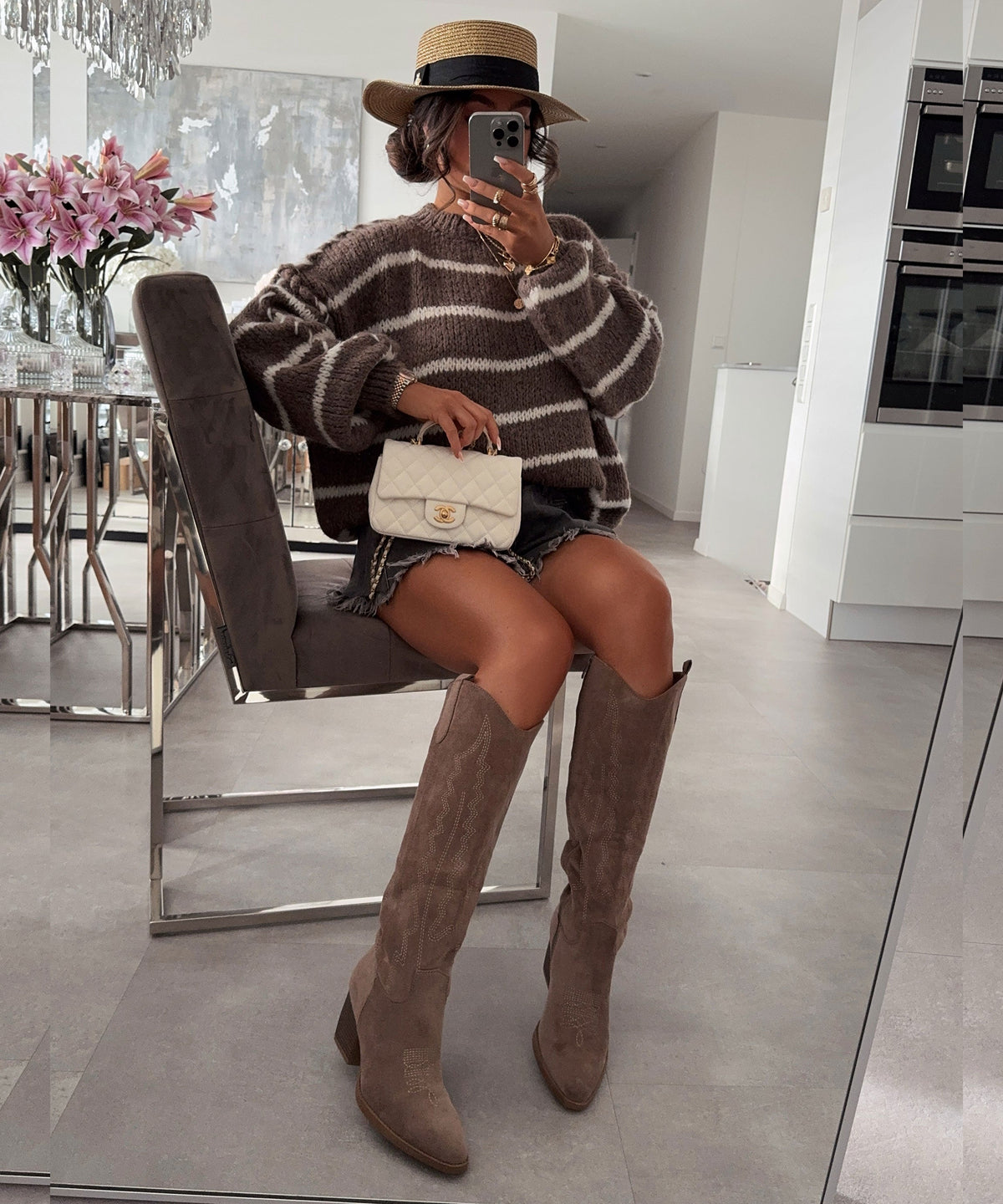 Selenay | Stivali cowboy alti effetto scamosciato tortora