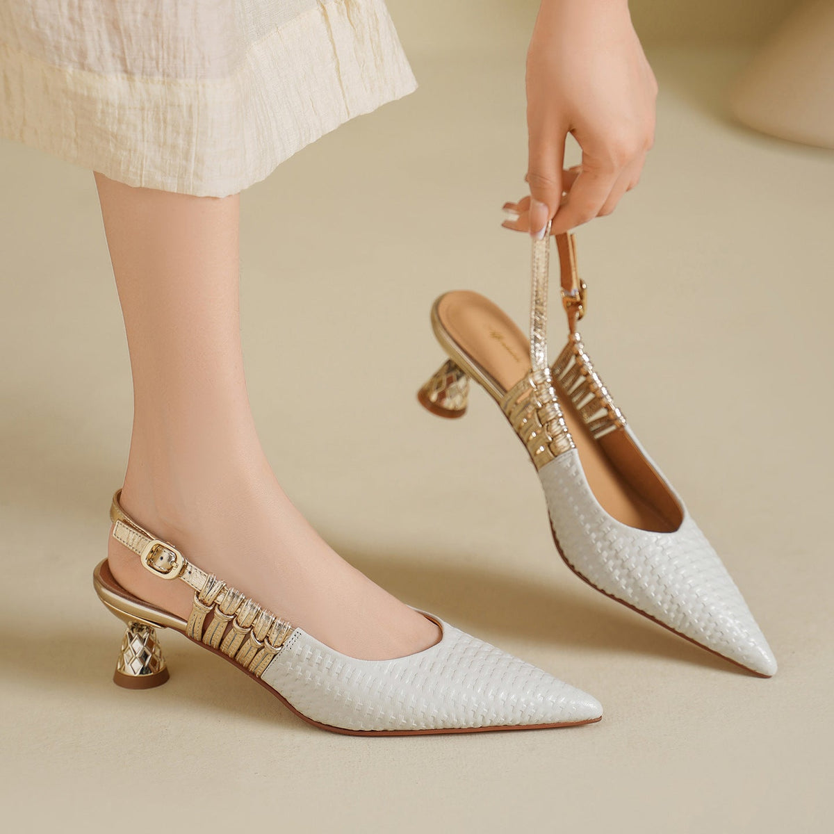 Bianca | Slingback in vera pelle intrecciata