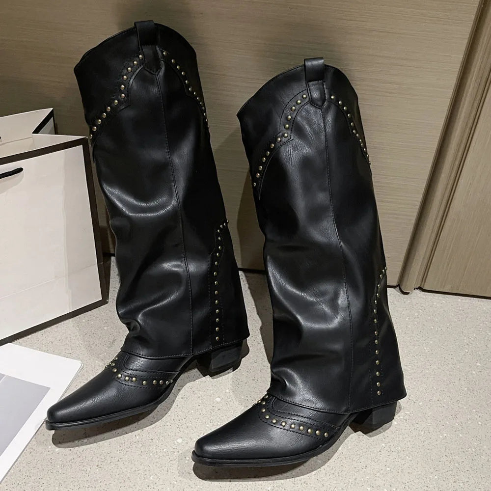 2025 Wasteland estilo Vintage pantalones piernas bota occidental negro hasta la rodilla botas mujeres marrón Maillard remaches Punk zapatos de invierno