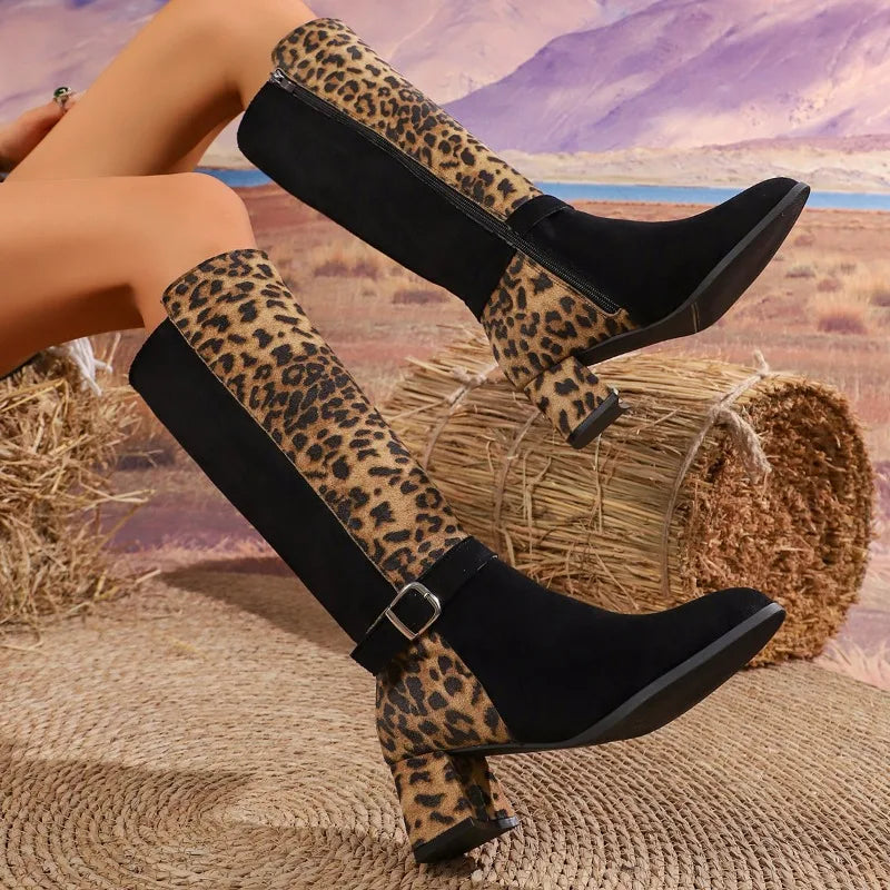 Reina – Stivali alti leopardati con fibbia