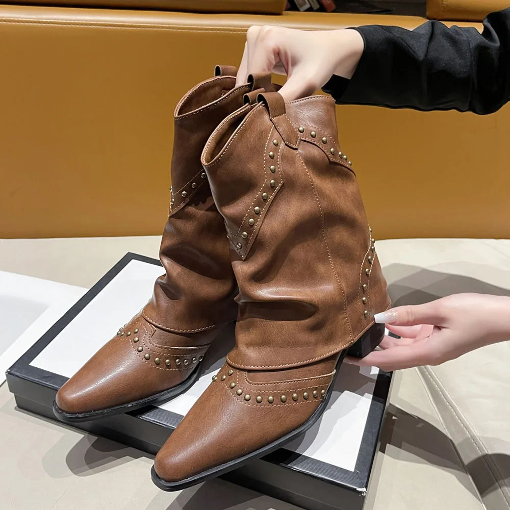 2025 Wasteland estilo Vintage pantalones piernas bota occidental negro hasta la rodilla botas mujeres marrón Maillard remaches Punk zapatos de invierno