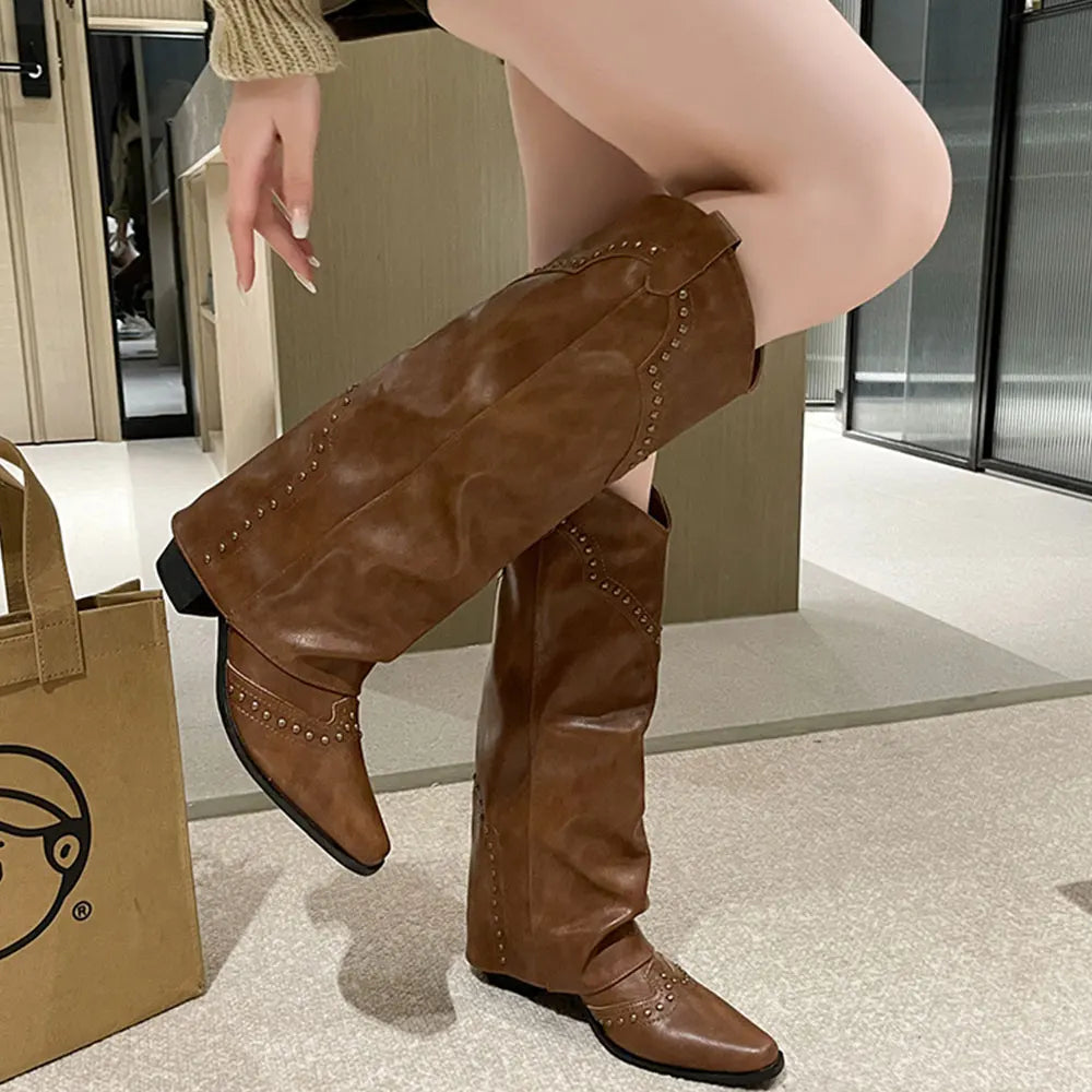 2025 Wasteland estilo Vintage pantalones piernas bota occidental negro hasta la rodilla botas mujeres marrón Maillard remaches Punk zapatos de invierno