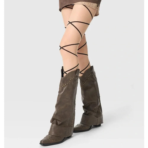 2025 Wasteland estilo Vintage pantalones piernas bota occidental negro hasta la rodilla botas mujeres marrón Maillard remaches Punk zapatos de invierno