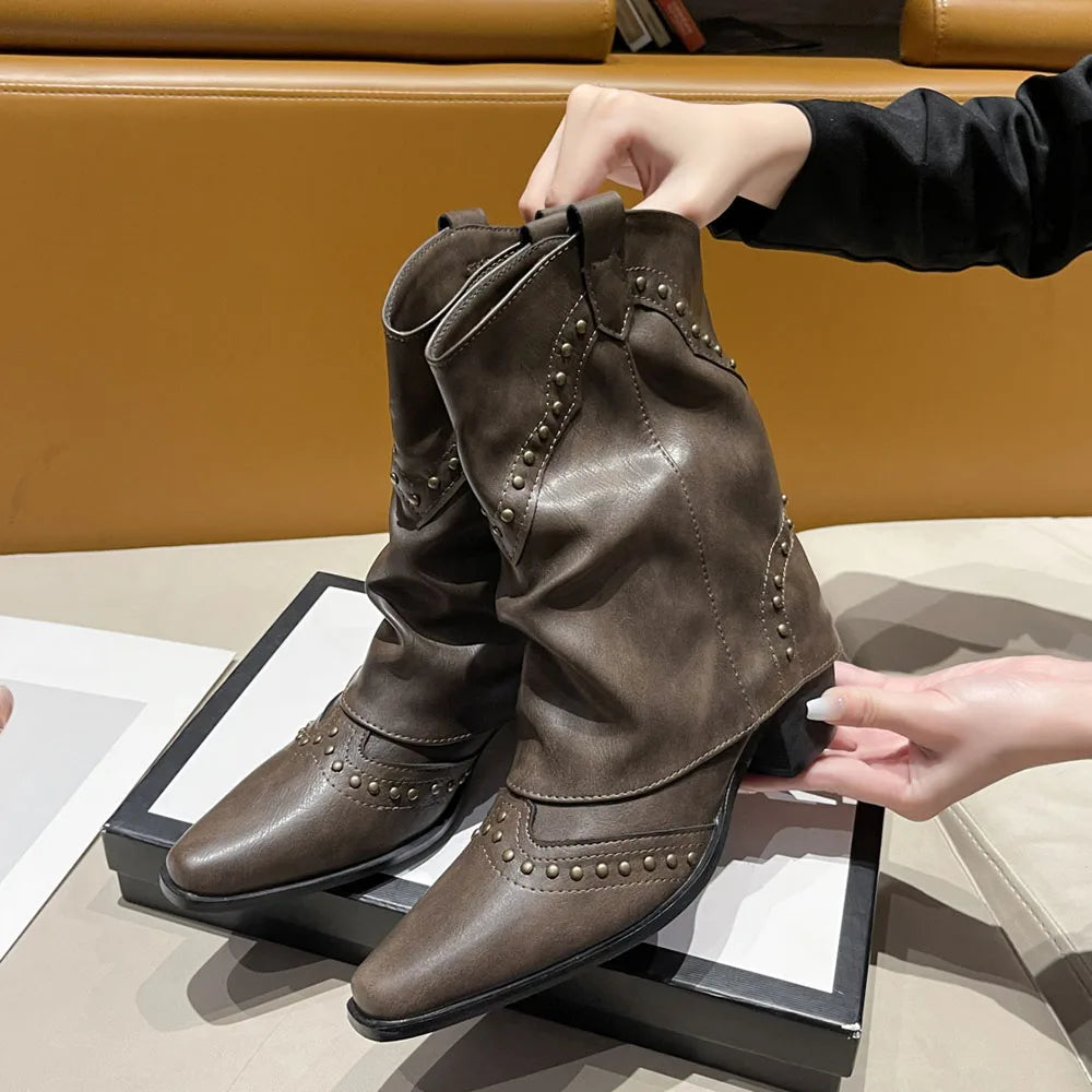 2025 Wasteland estilo Vintage pantalones piernas bota occidental negro hasta la rodilla botas mujeres marrón Maillard remaches Punk zapatos de invierno