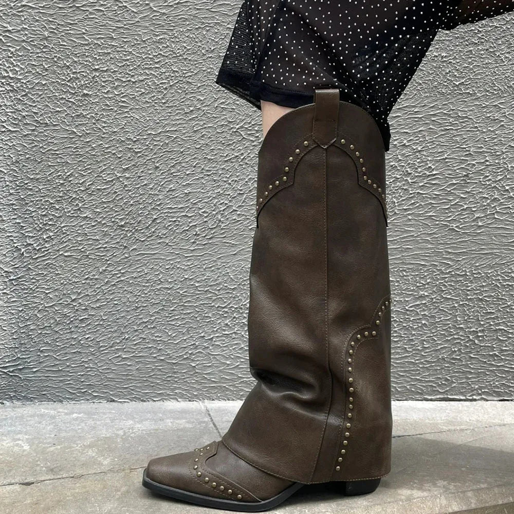 2025 Wasteland estilo Vintage pantalones piernas bota occidental negro hasta la rodilla botas mujeres marrón Maillard remaches Punk zapatos de invierno