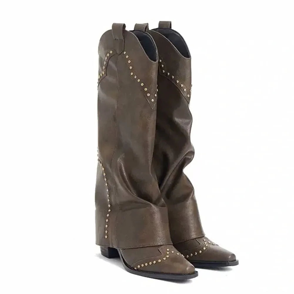 2025 Wasteland estilo Vintage pantalones piernas bota occidental negro hasta la rodilla botas mujeres marrón Maillard remaches Punk zapatos de invierno
