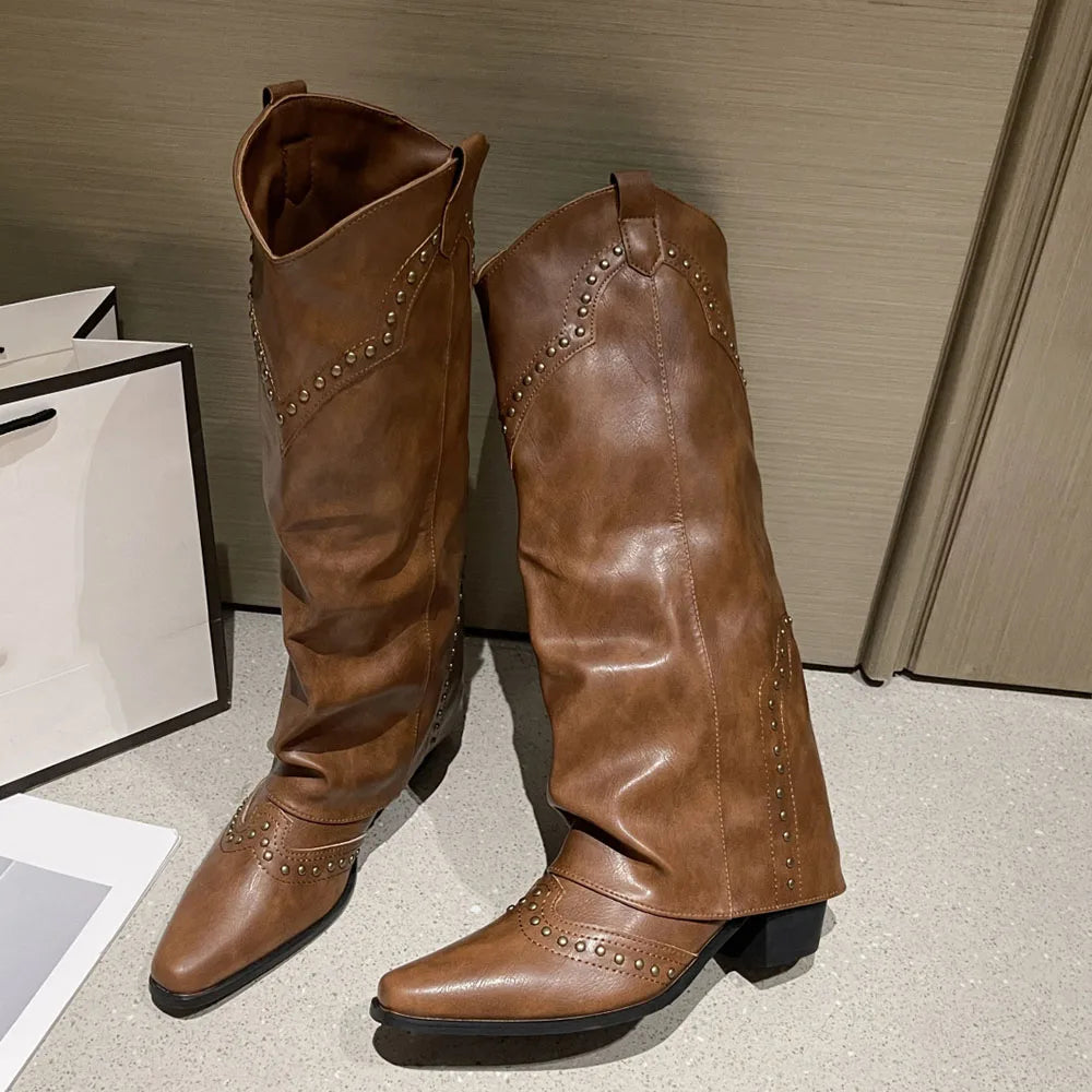 2025 Wasteland estilo Vintage pantalones piernas bota occidental negro hasta la rodilla botas mujeres marrón Maillard remaches Punk zapatos de invierno