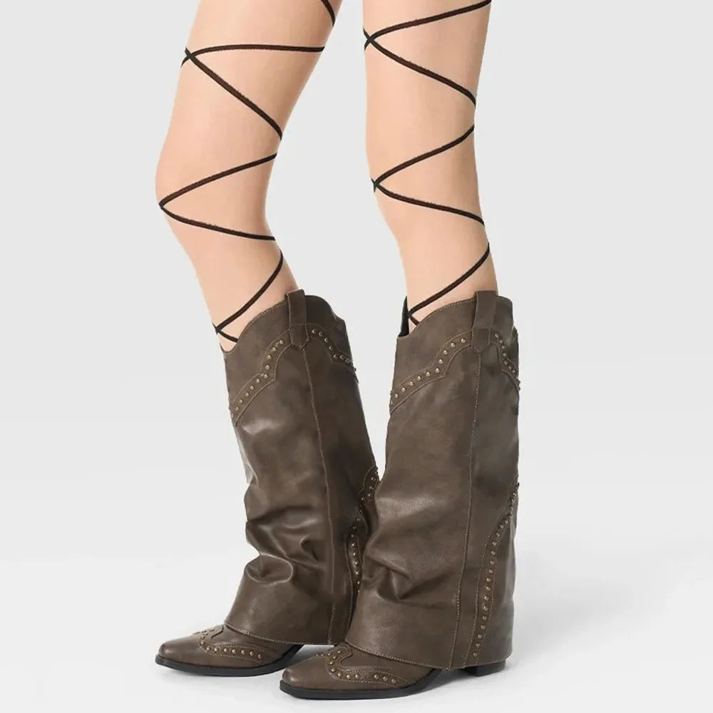 2025 Wasteland estilo Vintage pantalones piernas bota occidental negro hasta la rodilla botas mujeres marrón Maillard remaches Punk zapatos de invierno