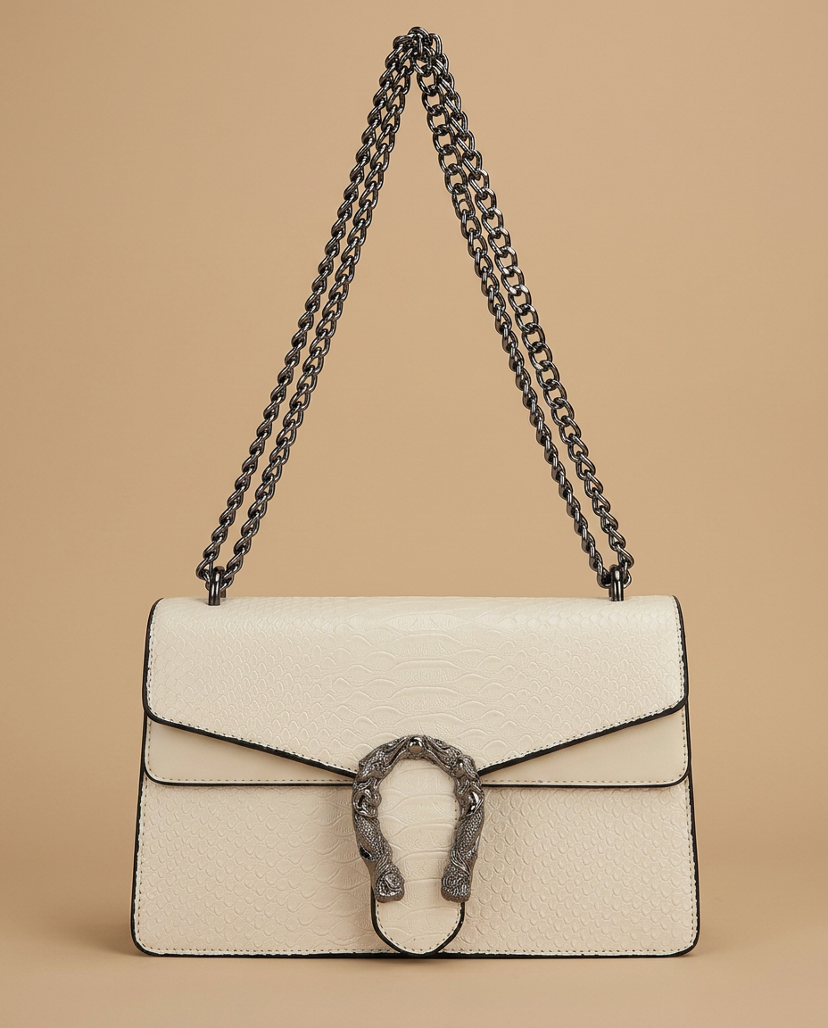 Bolso Cruzado con Solapa de Piel Grabada de Serpiente